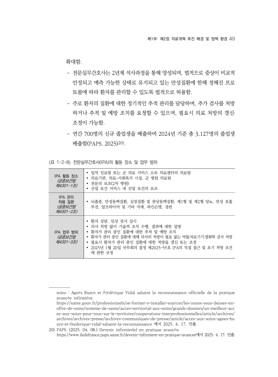 D PDF 67 원문 페이지: 〈표 1-2-8〉전문실무간호사(IPA)의 활동 장소 및 업무 범위