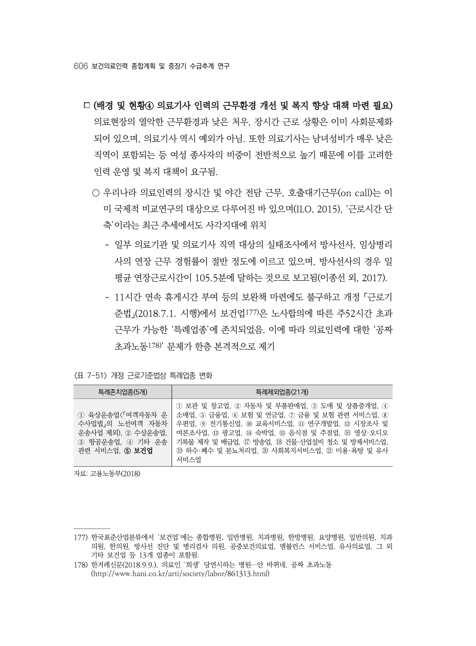 C PDF 624 원문 페이지: 〈표 7-51〉 개정 근로기준법상 특례업종 변화